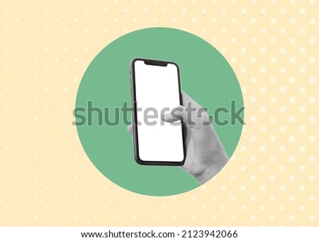 art collage style. Concept frame of blank smartphone. Young woman holding a smartphone in the palm of his hand