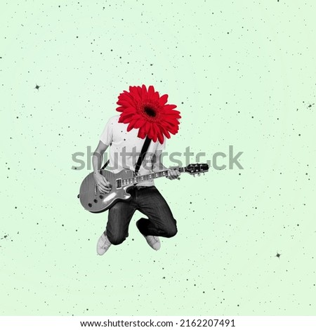 Art collage. Stylish man with flower head playing guitar over pastel background. Creativity concept.