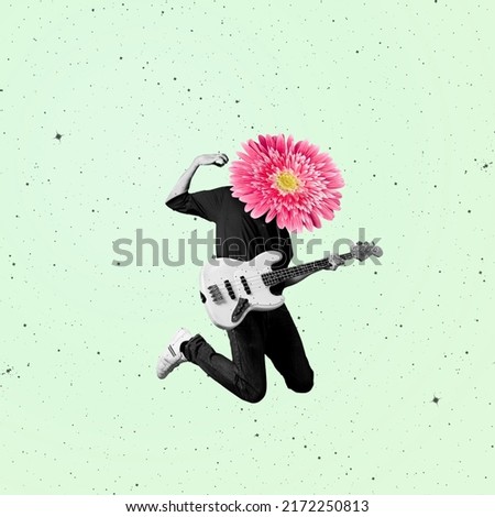 Art collage. Stylish man with flower head playing guitar over pastel background. Creativity concept.