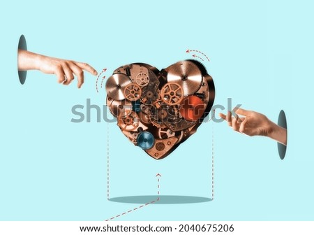 Art collage. Two hands reach for a large mechanical heart. People relationship concept.