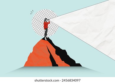 Art collage. Woman with a binoculars looks up to price. Successful business strategy. Creative Ideas Forward Concept. - Powered by Shutterstock