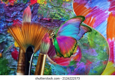 art concept. painting. colorful tropical morpho butterfly, brushes and artist's palette, background for design. - Powered by Shutterstock