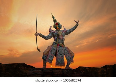 Art Culture Thailand Dancing In Masked Khon Tossakan In Literature Ramayana On The Brick Wall At Sunset Time ,Thailand