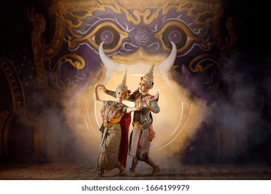 Art culture Thailand Dancing in masked khon in literature ramayana,thailand culture Khon,Vintage stlye,Thailand  - Shutterstock ID 1664199979