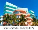 Art Deco building architecture. Architectural building. Art deco historic district. Modern building of Miami beach, Florida. Ocean drive. Miami South Beach in Ocean Drive Florida