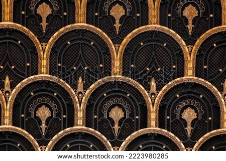 Art deco style European door with gold colored fish scale ornaments, architectural detail from Madrid, Spain