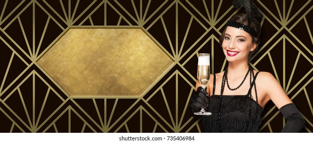 Art deco style new year party girl on golden patterns.