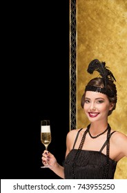 Art deco style new year party girl with golden decorations.