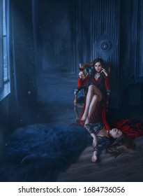 Art evil woman vamp. Red long dress sits in vintage armchair. Holding glass Blood wine. at feet lies sleeping beauty dead princess. black lush dress. Bloody vampire bite. backdrop medieval room night