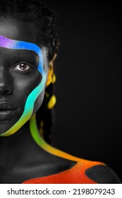 The Art Face. Rainbow Body Paint On African Woman. Abstract Creative Lgbtq Portrait. Bright Fashion Makeup On The Girl.