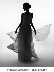 Art Fashion Studio Photo Of Beautiful Elegant Woman In Blowing Dress. Fashion Style Of Flowing Dress
