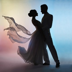 Art Fashion Studio Photo Of Wedding Couple Silhouette Groom And Bride On Colors Background. Art Wedding Style. Flowing Dress. Dance Of Groom And Bride