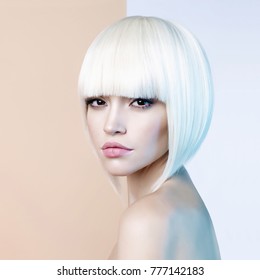 Art Fashion Studio Portrait Of Beautiful Blonde With Short Haircut