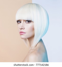 Art Fashion Studio Portrait Of Beautiful Blonde With Short Haircut