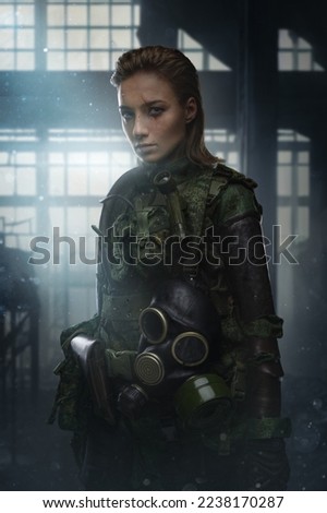 Art of female soldier with brown hairs dressed in uniform in abandoned city.