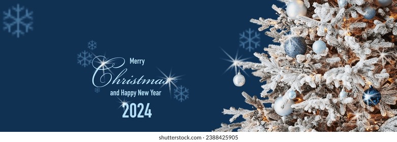 Art greeting card with text Merry Christmas and Happy New Year 2024, frame, wide panoramic banner. Christmas tree on dark blue background. Winter xmas holiday theme - Powered by Shutterstock