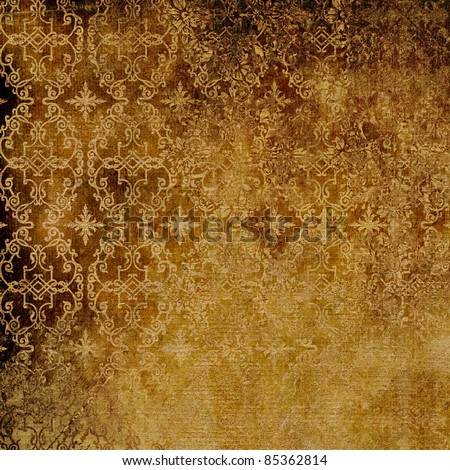 art grunge vintage damask pattern, paper relief textured monochrome background in gold and brown colors