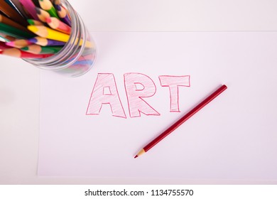 Art Hand Drawn Block Letters Red Assorted Coloring Pencils In Mason Jar