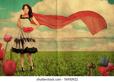 Art Image, Beauty Young Woman On The Meadow With Red Scarf, Vintage Collage