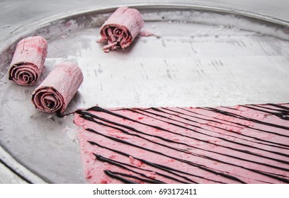 art of making Thai ice-cream in the street, strawberry rolls.