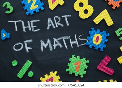 The art of maths inscribed with a chalk on a blackboard with a colorful number puzzle, educational concept