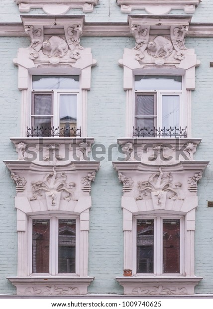 Art Nouveau Architecture Facade Building Windows Stock Photo