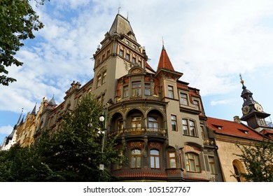Art Noveau beautifully decorated residential building on Parizska Street - the widest street of the Old Town of Prague, Czech Republic. It is the entrance to the Old Jewish Quarter. The street is full