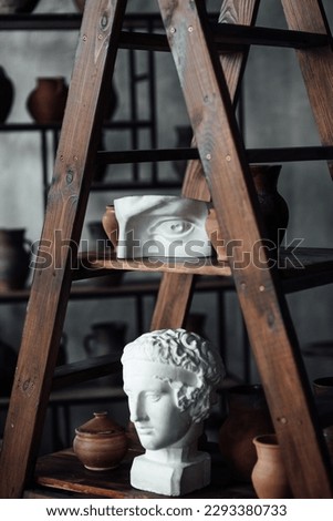 Art objects for exhibition of classical and contemporary painting retro sculpture and pottery. Hand illustrations plaster bust statues and abstract shapes spots and lines drawings for poster