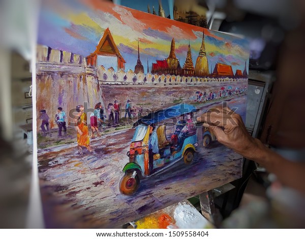 Art Oil painting Fine art Tuk Tuk Thailand , Wat\
phra keaw