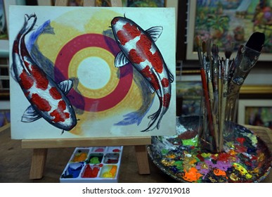        Art Painting Oil Color Fancy Carp Fish Lucky , Koi                       
