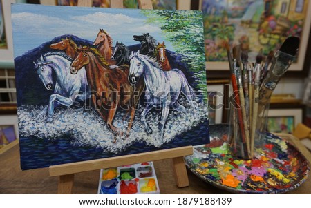  Art painting oil color , running horse Lucky , paint brushes , palette  in gallery 
 from thailand                            