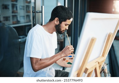 Art, painting and palette with man on balcony of home for creativity, expression or inspiration outdoor. Canvas, paintbrush and relax with painter person at apartment for hobby or wellness on easel - Powered by Shutterstock