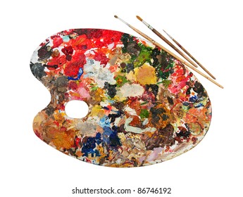 Art Palette With Blobs Of Paint And A Brush On White Background