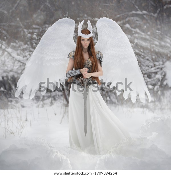 Art photo of an angel woman with white wings and a\
valkyrie sword