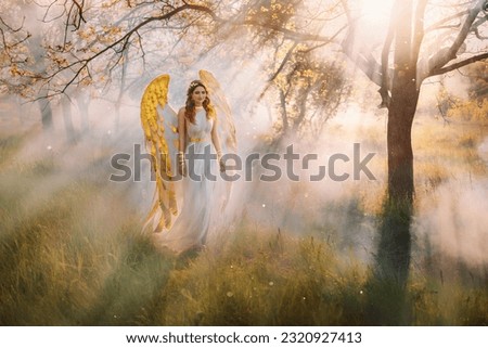 art photo fantasy woman angel with golden bird wings walking in forest, fairy mystical girl greek goddess long white vintage ancient style dress creative jewels. trees mist fog magic divine sun light 