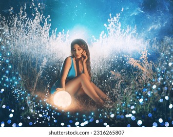 Art photo Fantasy woman touching moon with hand, glowing ball planet. night nature dark forest. Mystic moon light magic universe outer space. Fairy flying bright sparkle stars white fog blue grass. - Shutterstock ID 2316265807