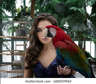 Art Photo Of A Girl In An Evening Dress With A Red Macaw Parrot Instead Of A Face