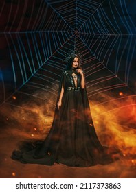 Art Photo With Noise. Halloween Fantasy Gothic Woman Dark Spider Queen. Medieval Clothing, Black Sexy Dress, Long Vintage Cloak Cape, Crown Creative Design. Darkness Princess Girl Carnival Costume.