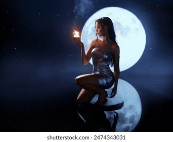 Art photo real person fantasy adult girl priestess of moon holds fire hands. woman goddess of night sits in dark blue sky magic light stars. Fairy lady in space reflection in water. silver sexy dress.