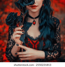 Art photo real person woman holding black rose in hand hiding face behind flower, plump red lips, gothic dark dress old style. Fantasy Vampire girl. Sharp claws manicure nail polish. costume long hair - Powered by Shutterstock