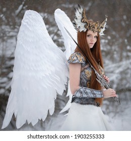 Art photo of a Valkyrie in silver armor with a sword