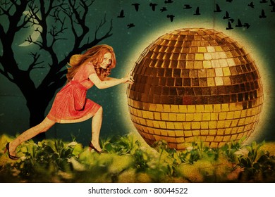 Art Picture With Beautiful Young Woman With Disco Ball, Vintage Collage