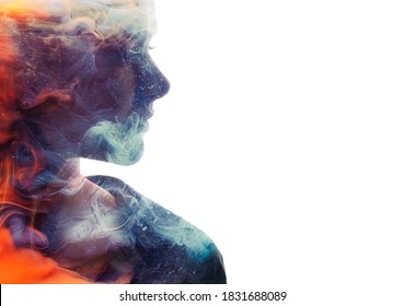 Art Portrait. Female Universe. Ice Fire. Harmony Balance. Double Exposure Glitter Orange Flames Blue Smoke In Profile Woman Silhouette Isolated On White Copy Space Background.