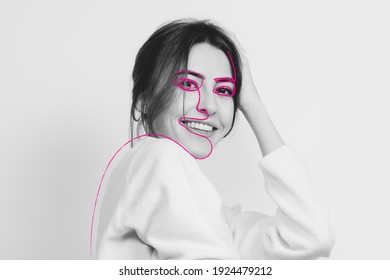 Art portrait of young woman, fashion model with abstract geometrical drawings by modern one line style technique. Contemporary art, beauty, colors, glamour, inspiration. New look of paintography. - Powered by Shutterstock