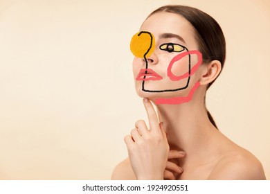 Art portrait of young woman, fashion model with abstract geometrical drawings by modern one line style technique. Contemporary art, beauty, colors, glamour, inspiration. New look of paintography. - Powered by Shutterstock