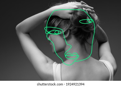 Art portrait of young woman, fashion model with abstract geometrical drawings by modern one line style technique. Contemporary art, beauty, colors, glamour, inspiration. New look of paintography. - Powered by Shutterstock