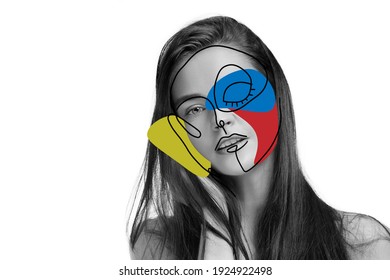 Art portrait of young woman, fashion model with abstract geometrical drawings by modern one line style technique. Contemporary art, beauty, colors, glamour, inspiration. New look of paintography.