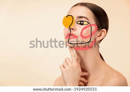 Art portrait of young woman, fashion model with abstract geometrical drawings by modern one line style technique. Contemporary art, beauty, colors, glamour, inspiration. New look of paintography.