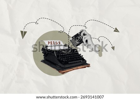 Art poster collage of type machine with arrows sending press paper use camera on grey background