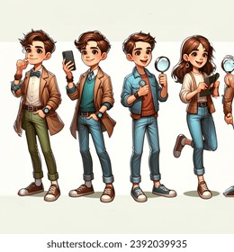 art, set of four highly detailed illustrations of a teenage detective boy and girl, modern times, holding a smartphone amd a magnifying glass in his hands, casual clothes, brown hair, likeable, cool and smart and curious looking, in motion, all four in